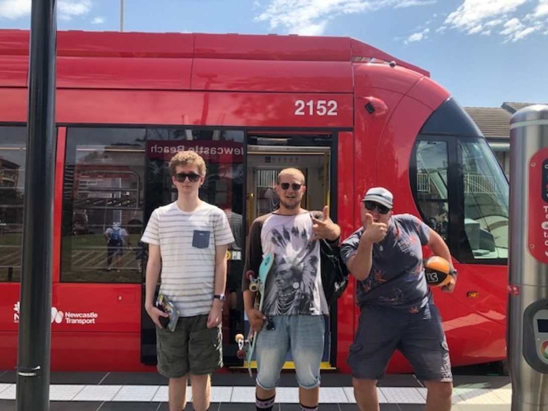 Mates about to board the Newcastle Light Rail
